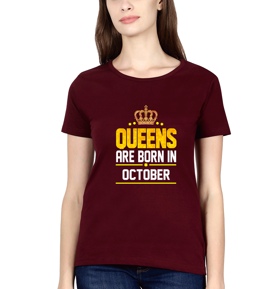 Queens Are Born In October Womens Half Sleeves T-Shirts-FunkyTradition Half Sleeves T-Shirt FunkyTradition