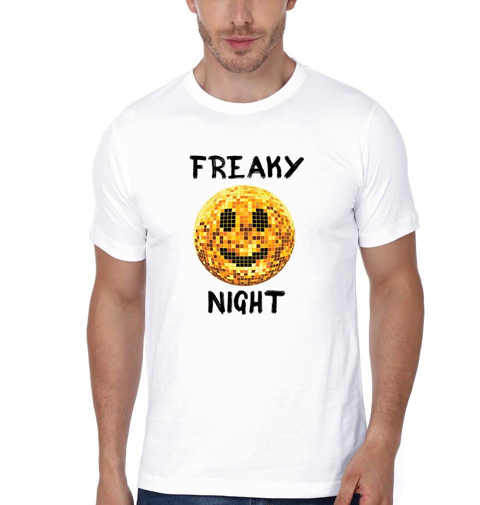 FunkyTradition White Round Neck Freaky Night Men Half Sleeves T-Shirt