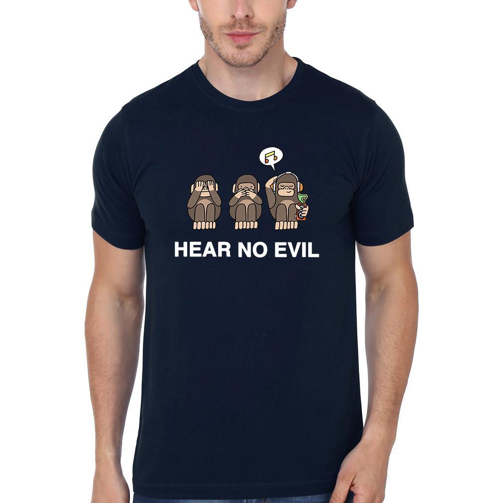 FunkyTradition Navy Blue Round Neck Funny Hear No Evil Half Sleeves T-Shirt