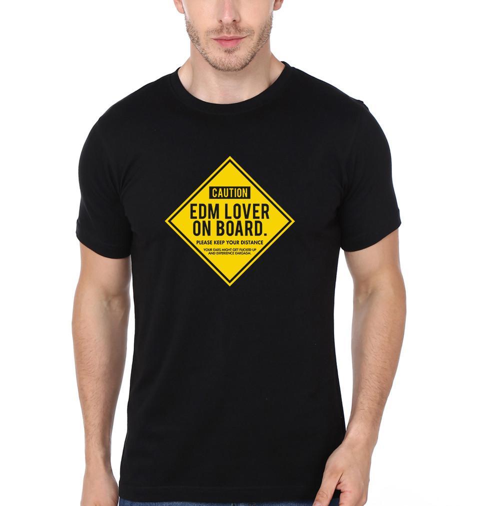 FunkyTradition Black Round Neck Caution Edm Lover On Board Half Sleeves T-Shirt