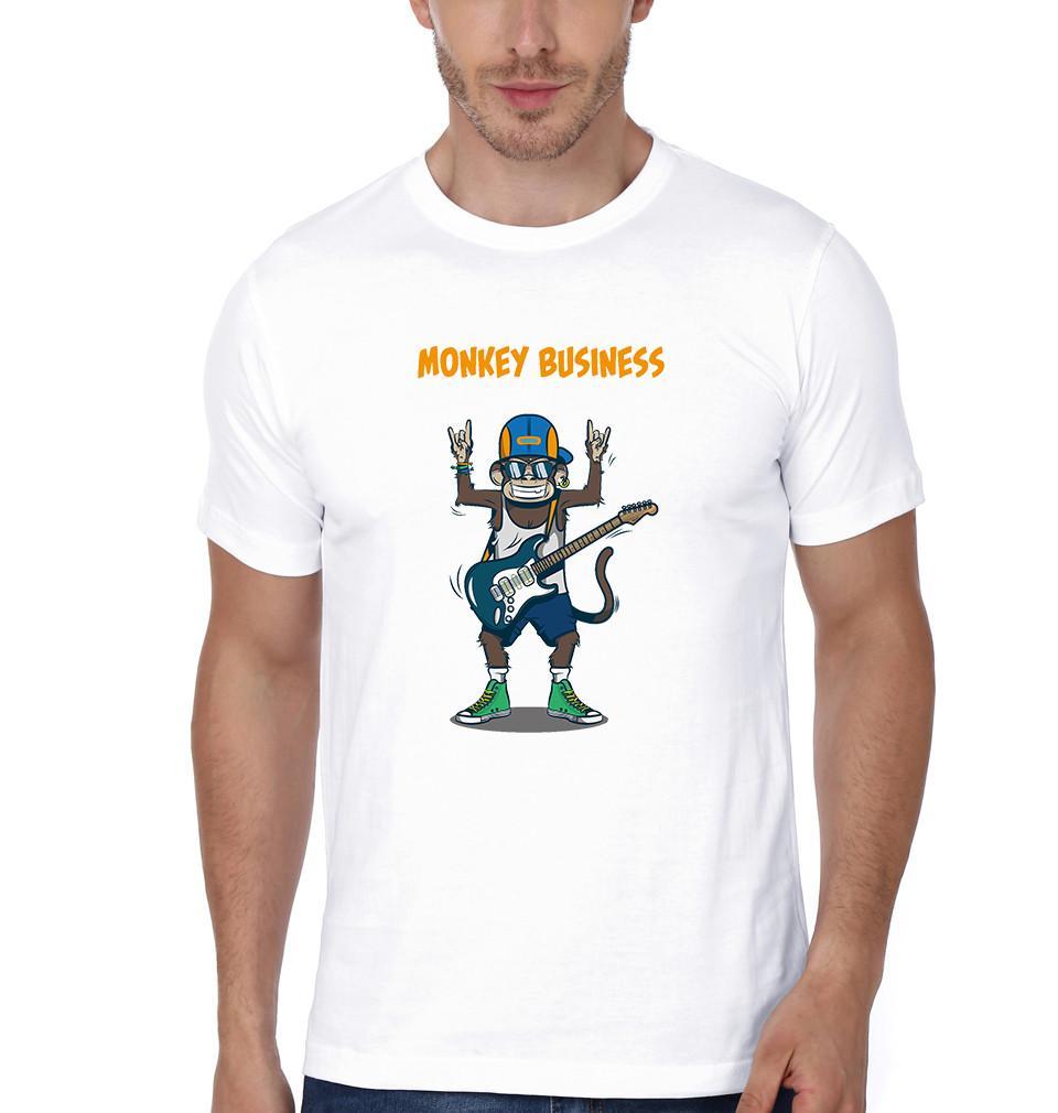 FunkyTradition White Round Neck Monkey Business Men Half Sleeves T-Shirt