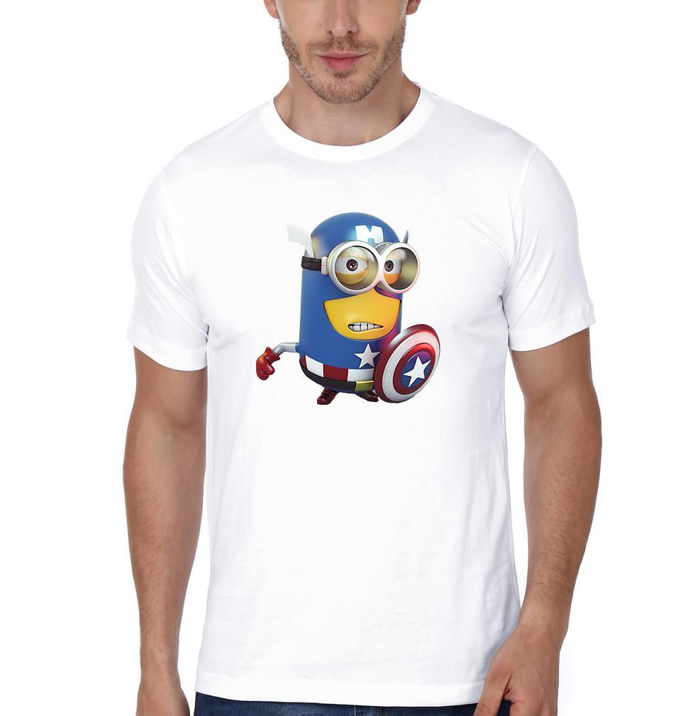 FunkyTradition White Round Neck Minion Captain America Funny Men Half Sleeves T-Shirt