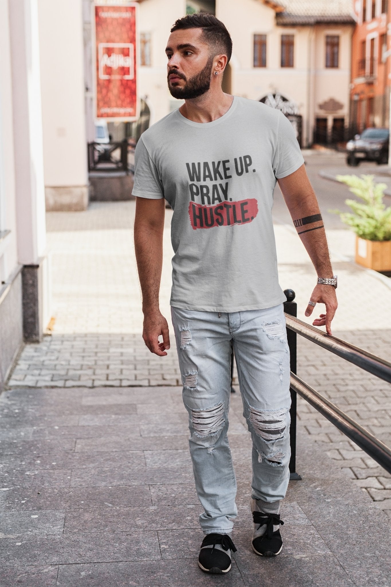 Wake Pray Hustle Mens Half Sleeves T-shirt- FunkyTeesClub - Funky Tees Club