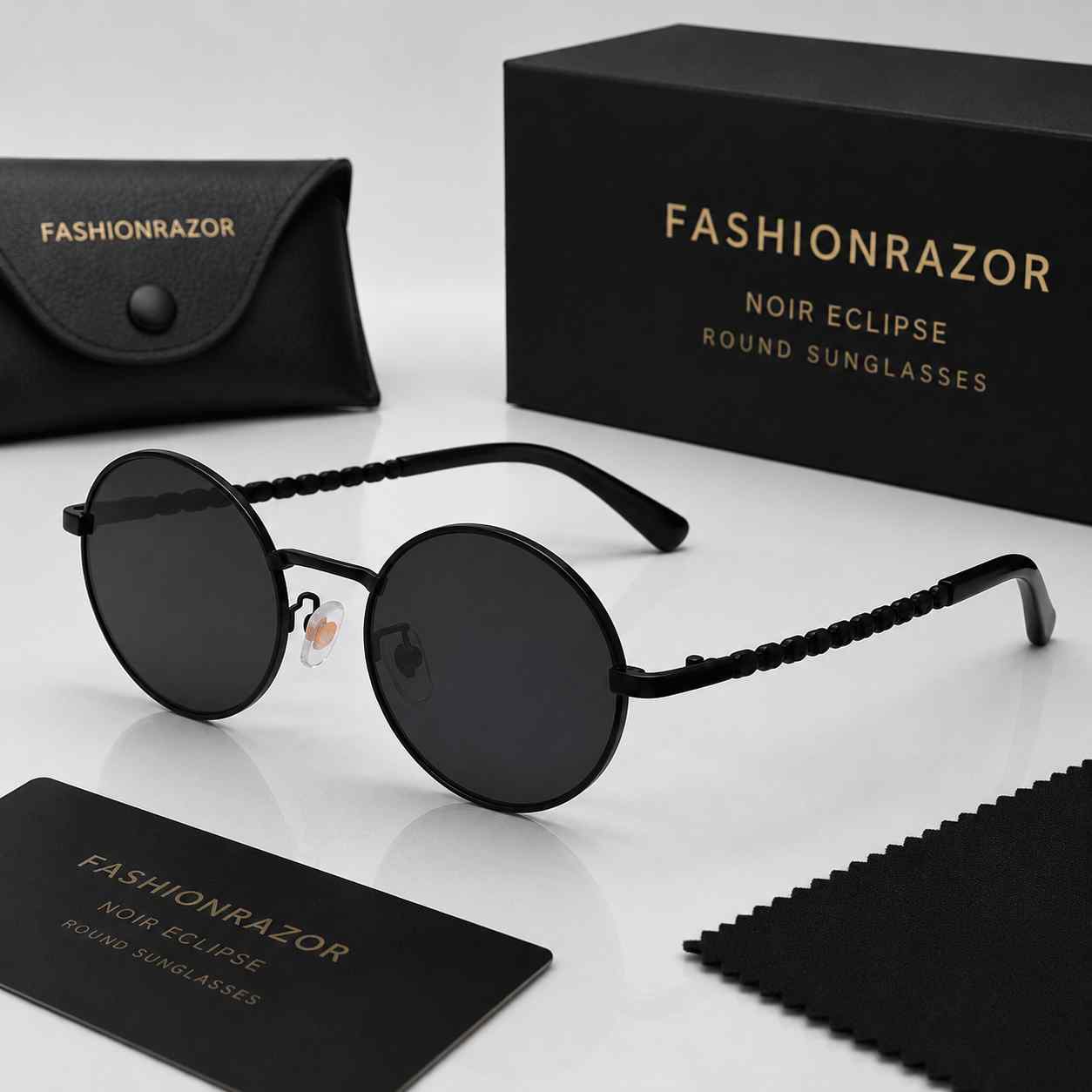 Black round sunglasses with 'Fashionrazor' packaging on a white background