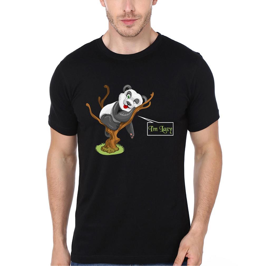 FunkyTradition Black Round Neck Panda I Am Lazy Men Half Sleeves T-Shirt