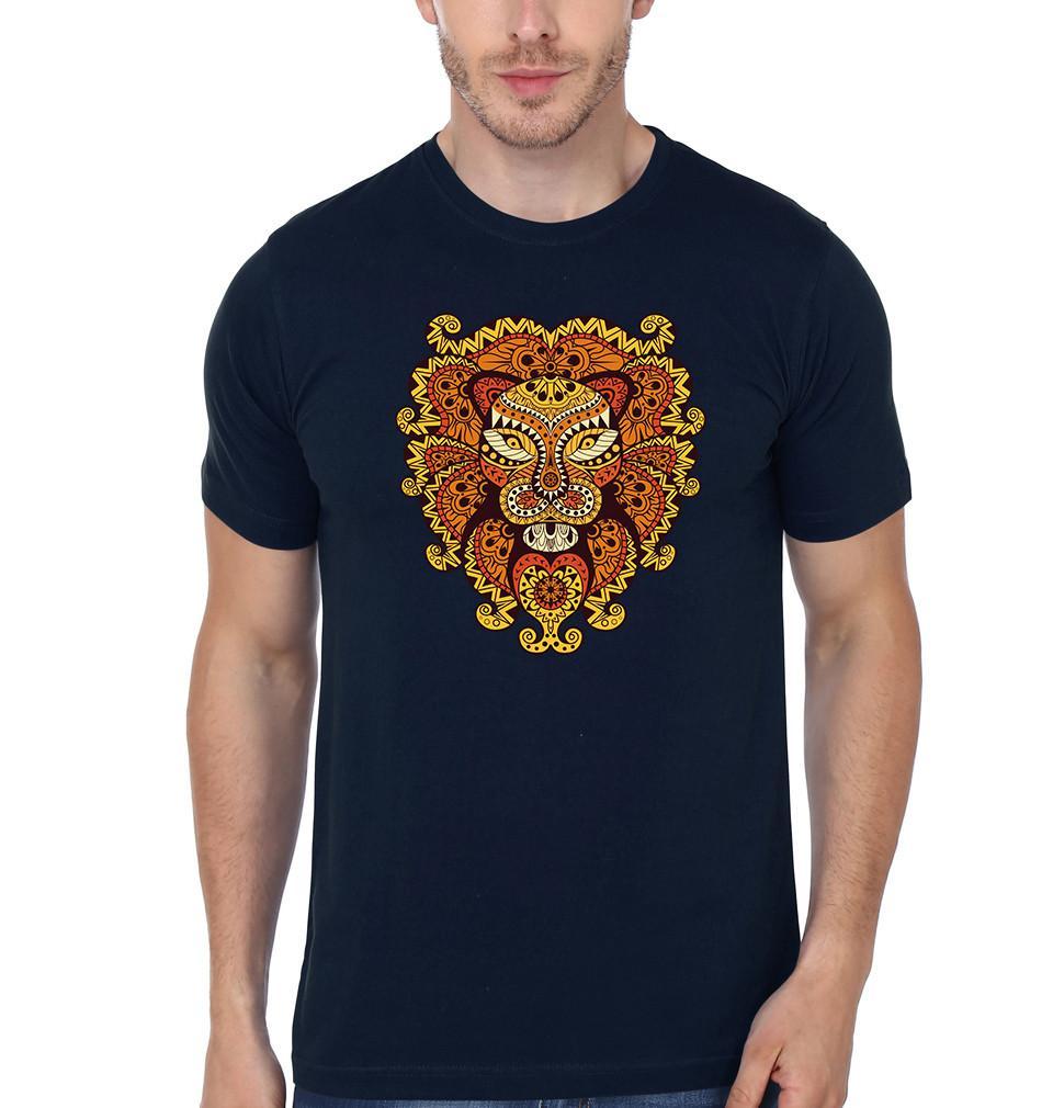 FunkyTradition Navyy Blue Round Neck Abstract Lion Half Sleeves T-Shirt