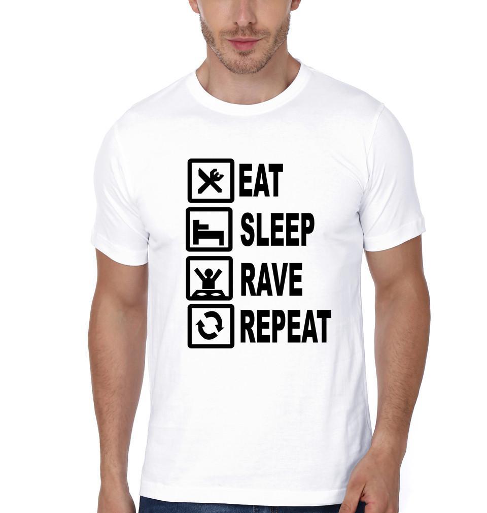 FunkyTradition White Round Neck Eat Sleep Rave Repeat Men Half Sleeves T-Shirt