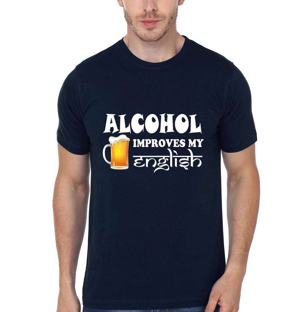 FunkyTradition Navy Blue Round Neck Alcohol Improves My English Men Half Sleeves T-Shirt