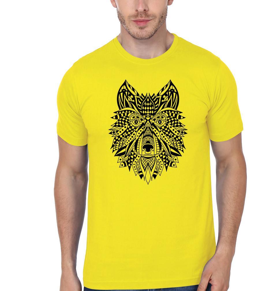 FunkyTradition Yellow Round Neck Wolf 3D Graphic Half Sleeves T-Shirt