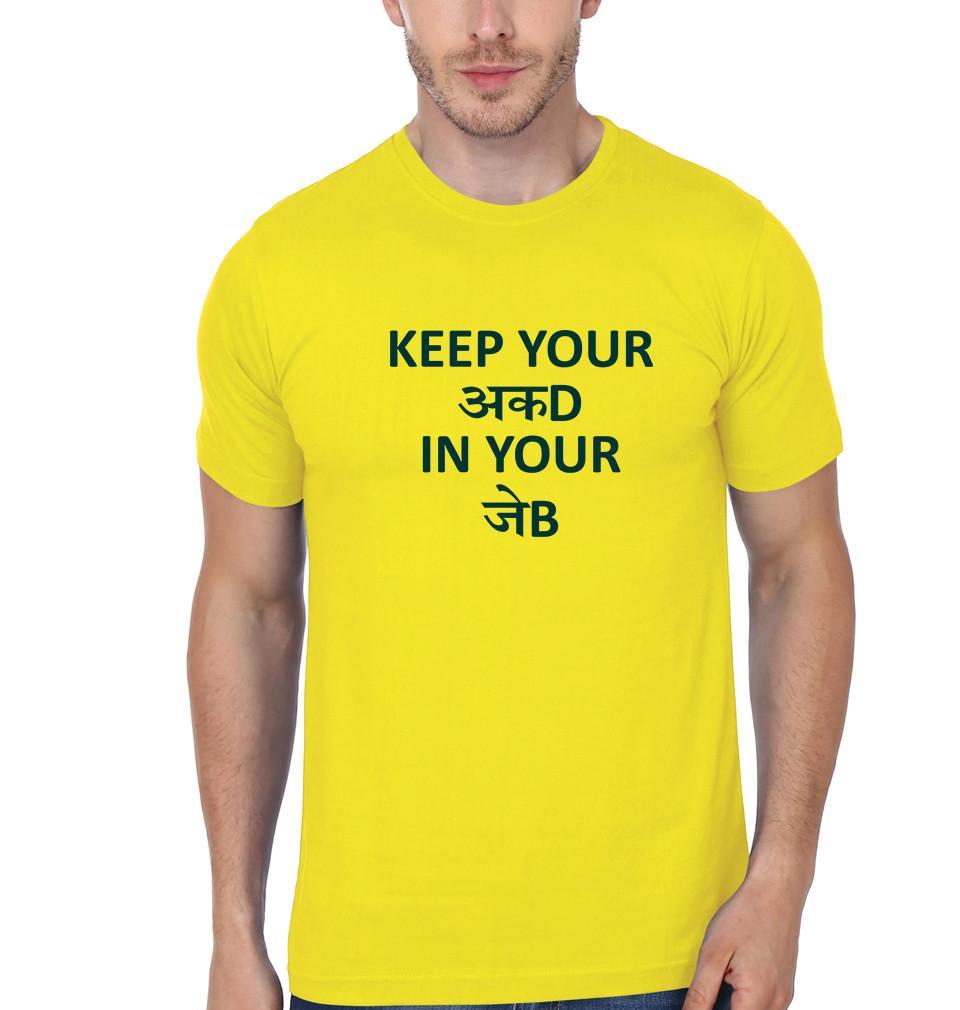 FunkyTradition Yellow  Round Neck Keep Your Akad In Your Jeb Men Half Sleeves T-Shirt