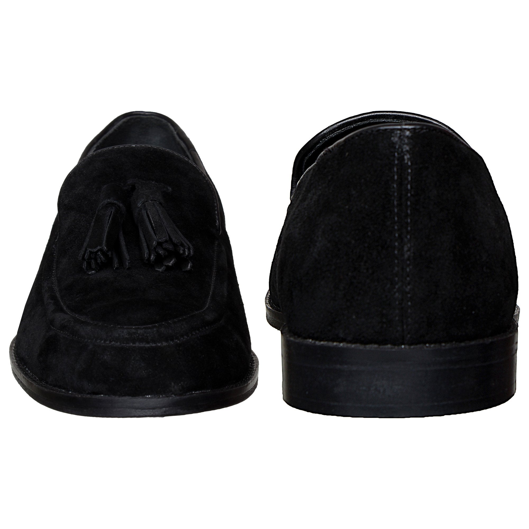 Black Suede Slip Ons With Tassels For Men-FunkyTradition - FunkyTradition