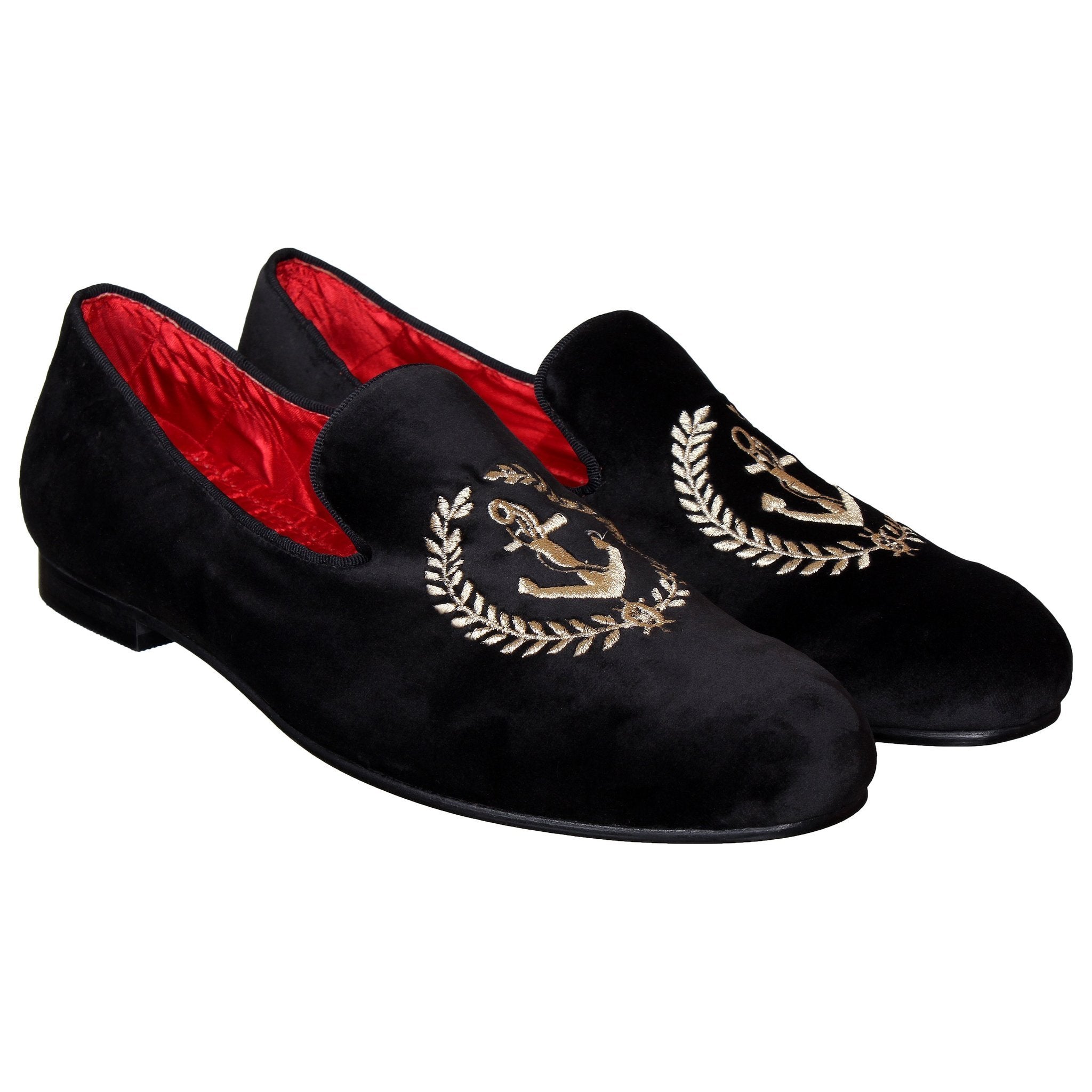 Black Velvet Anchor Embroidered Slip On For Men-FunkyTradition - FunkyTradition