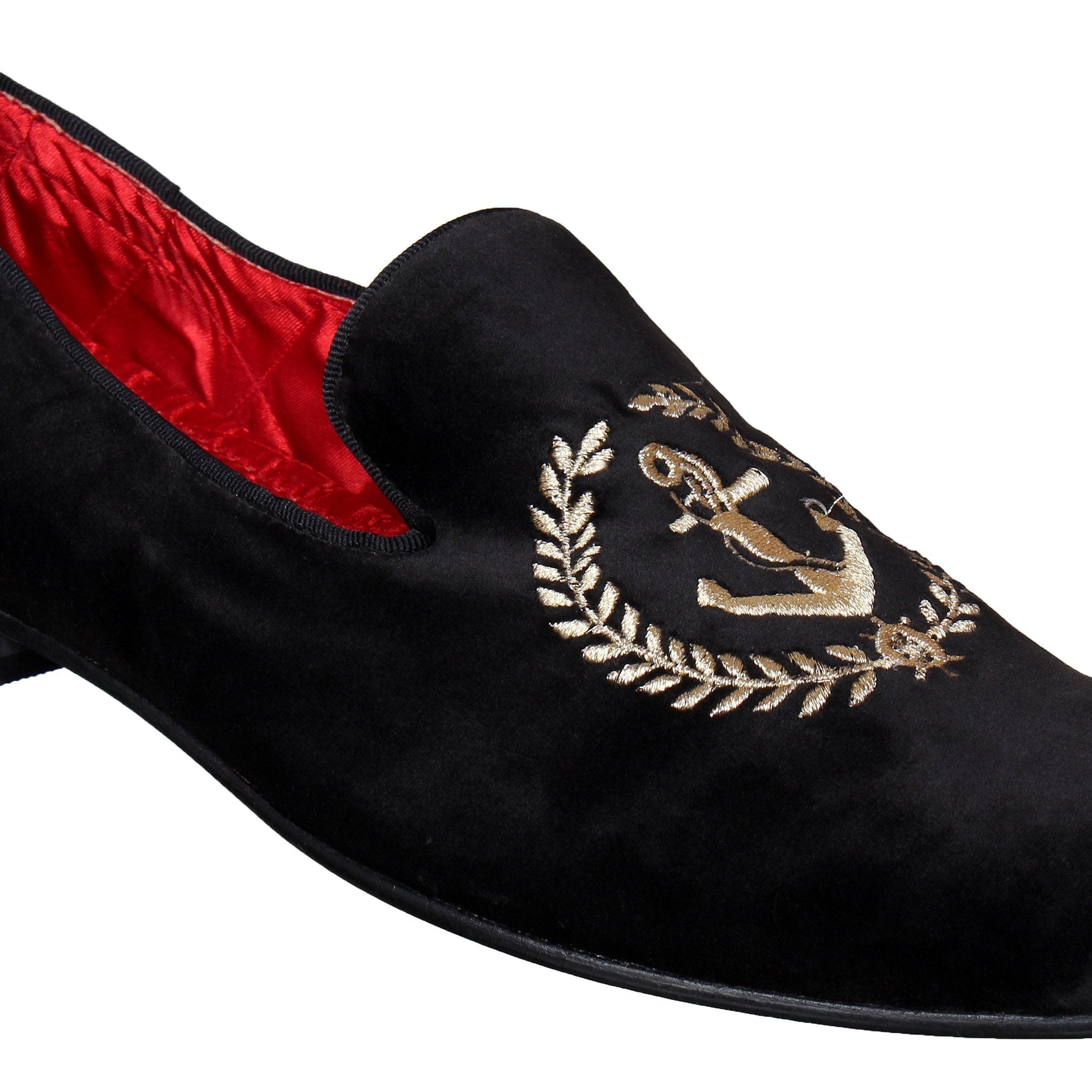 Black Velvet Anchor Embroidered Slip On For Men-FunkyTradition - FunkyTradition