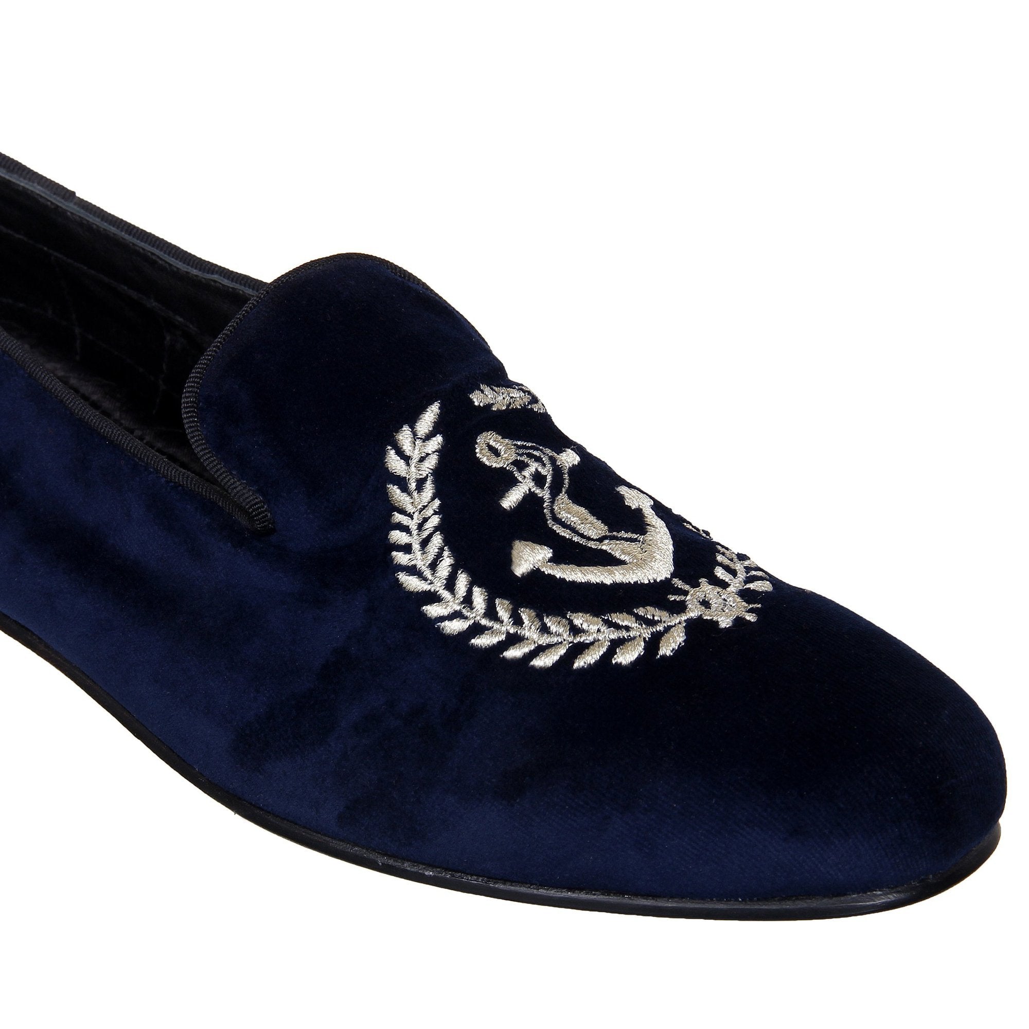 Blue Velvet Anchor Embroidered Slip On For Men-FunkyTradition - FunkyTradition