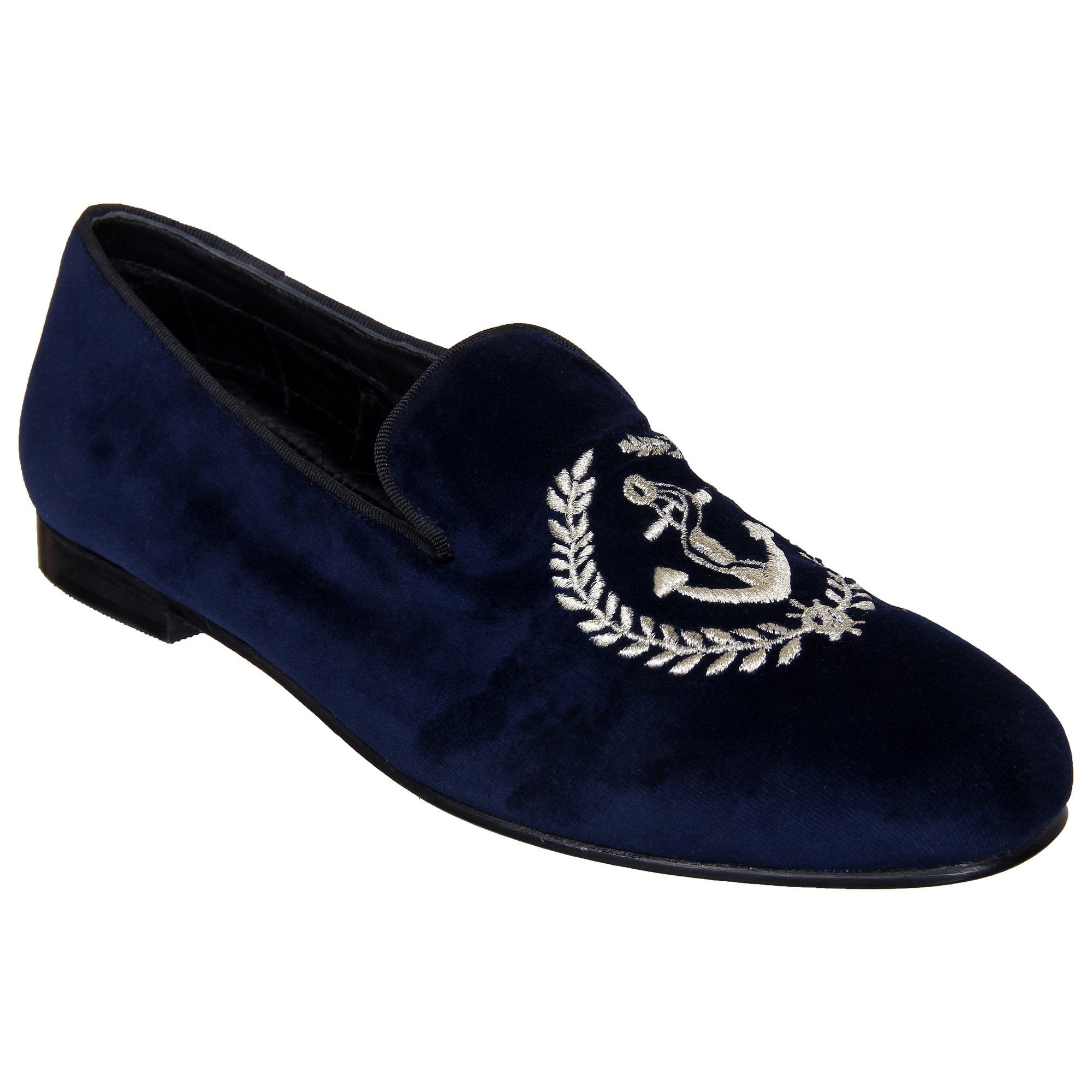 Blue Velvet Anchor Embroidered Slip On For Men-FunkyTradition - FunkyTradition