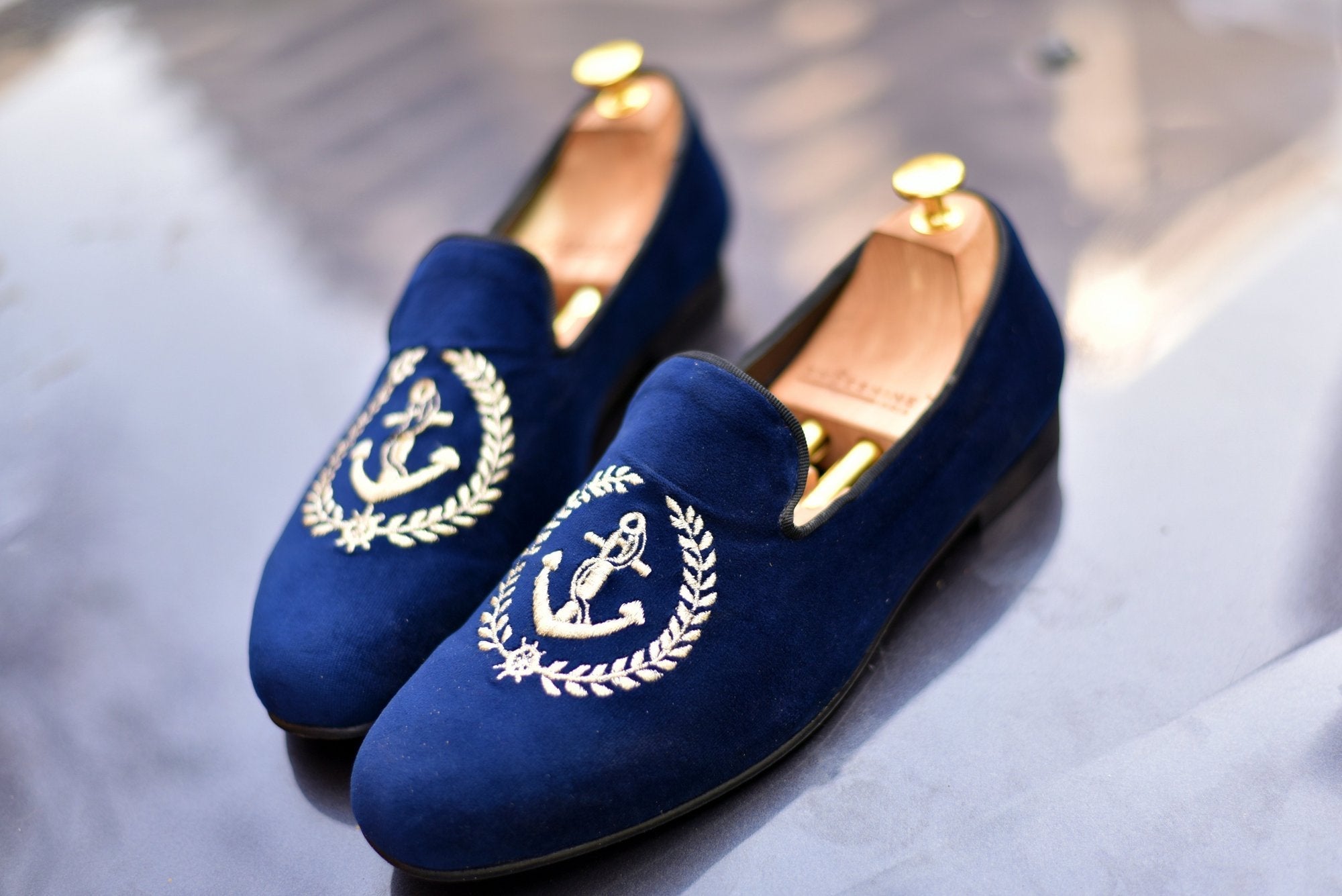 Blue Velvet Anchor Embroidered Slip On For Men-FunkyTradition - FunkyTradition