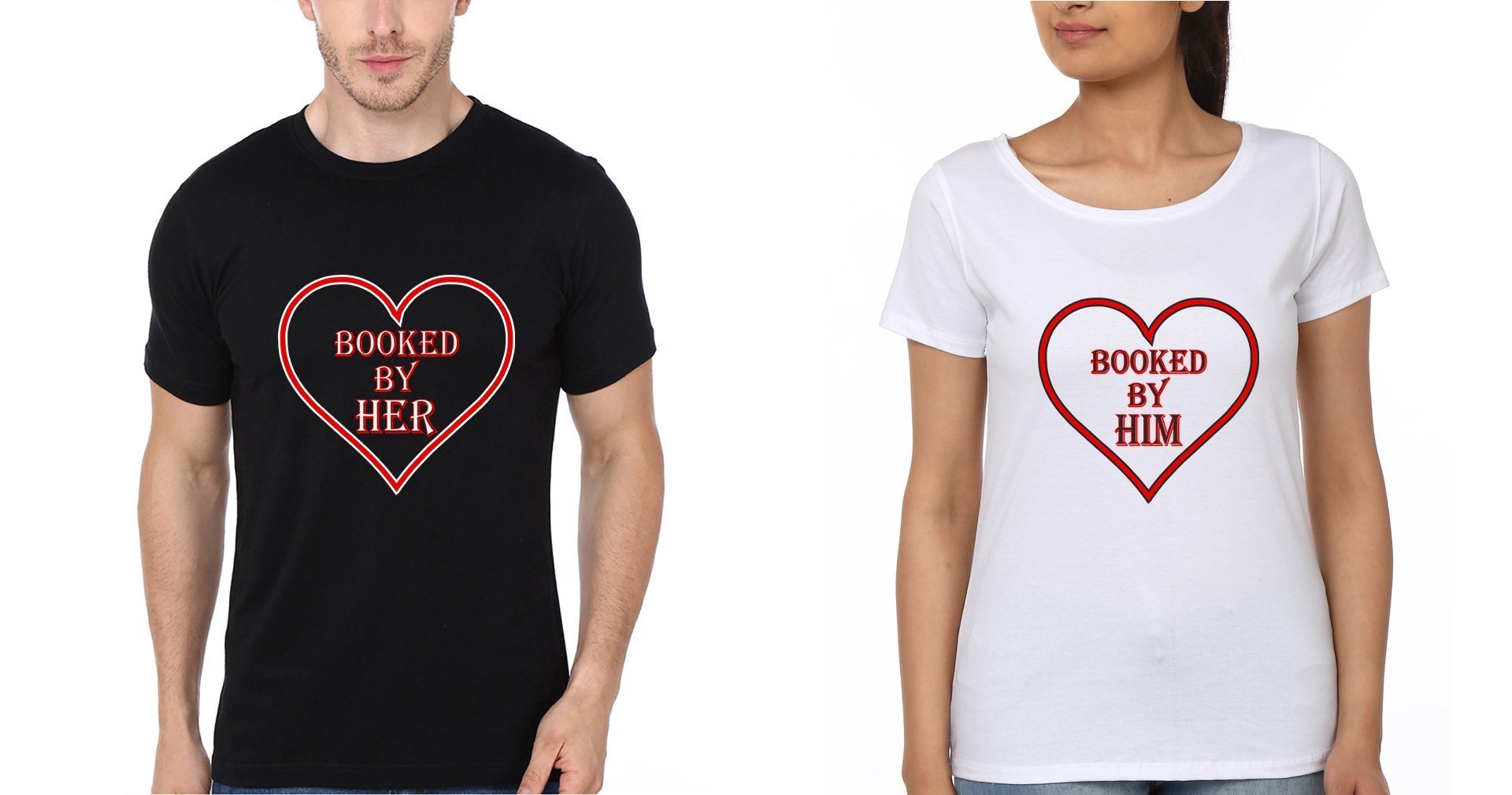 Booked by Him Her Couple Half Sleeves T-Shirts -FunkyTees - Funky Tees Club