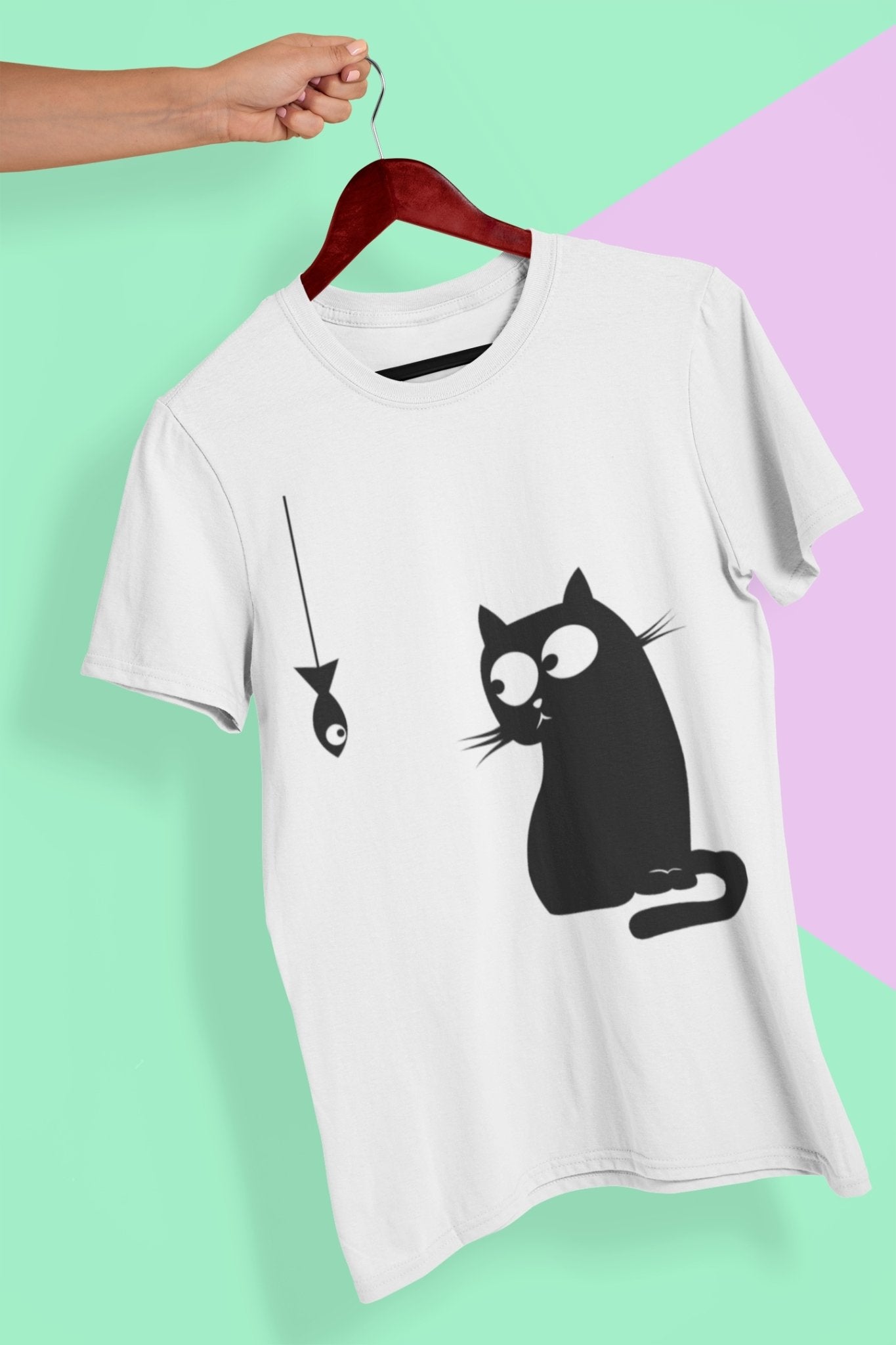 Cat Staring At Fish Mens Half Sleeves T-shirt- FunkyTeesClub - Funky Tees Club