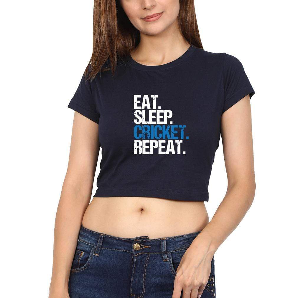 CRICKET Eat Sleep Cricket Repeat Womens Crop Top-FunkyTradition Half Sleeves T-Shirt FunkyTradition
