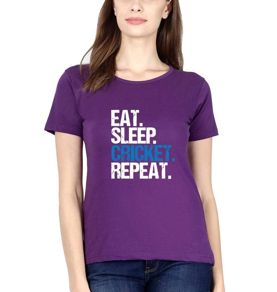 CRICKET Eat Sleep Cricket Repeat Womens Half Sleeves T-Shirts-FunkyTradition Half Sleeves T-Shirt FunkyTradition