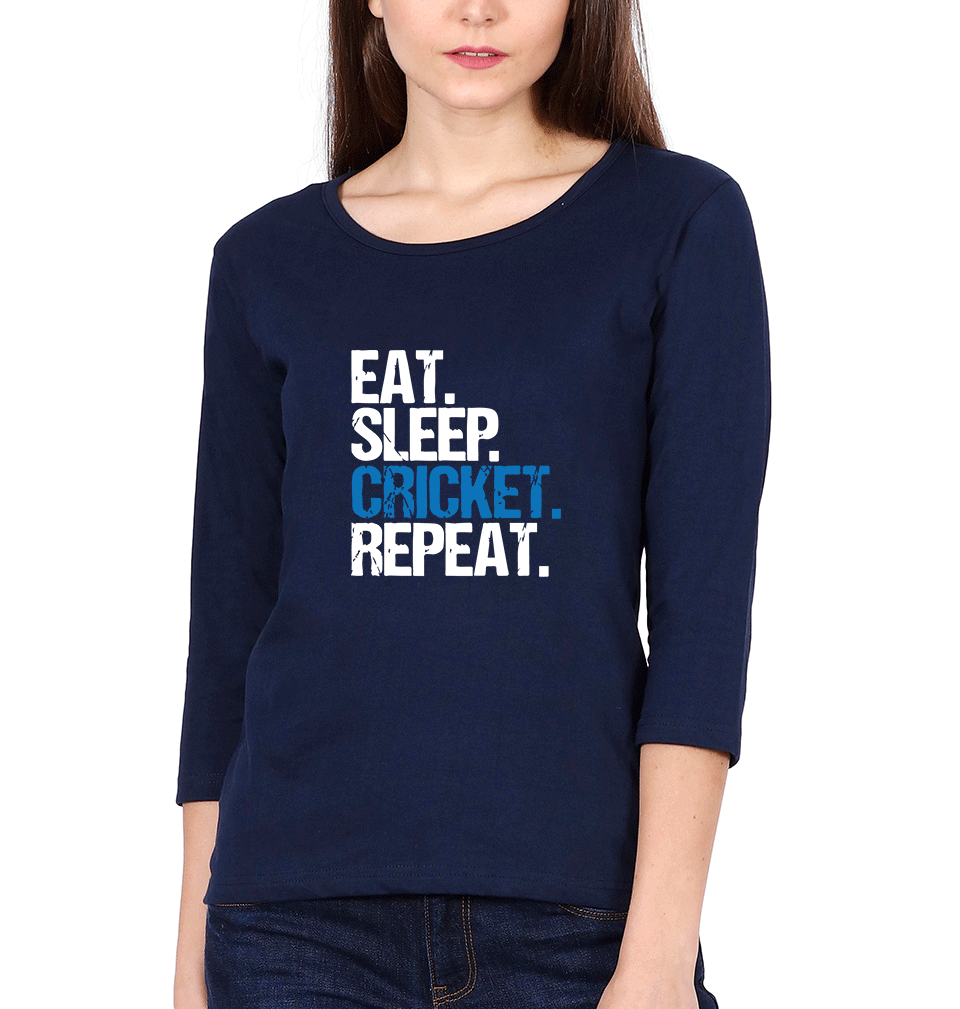 Eat Sleep Cricket Repeat Womens Full Sleeves T-Shirts-FunkyTradition Half Sleeves T-Shirt FunkyTradition