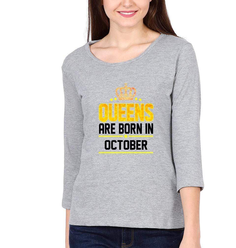 Queens Are Born In October Womens Full Sleeves T-Shirts-FunkyTradition Half Sleeves T-Shirt FunkyTradition